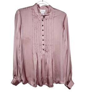 SOFT SURROUNDINGS Pintuck Long Sleeve Blouse Half Button Satin Mauve Pink Size M